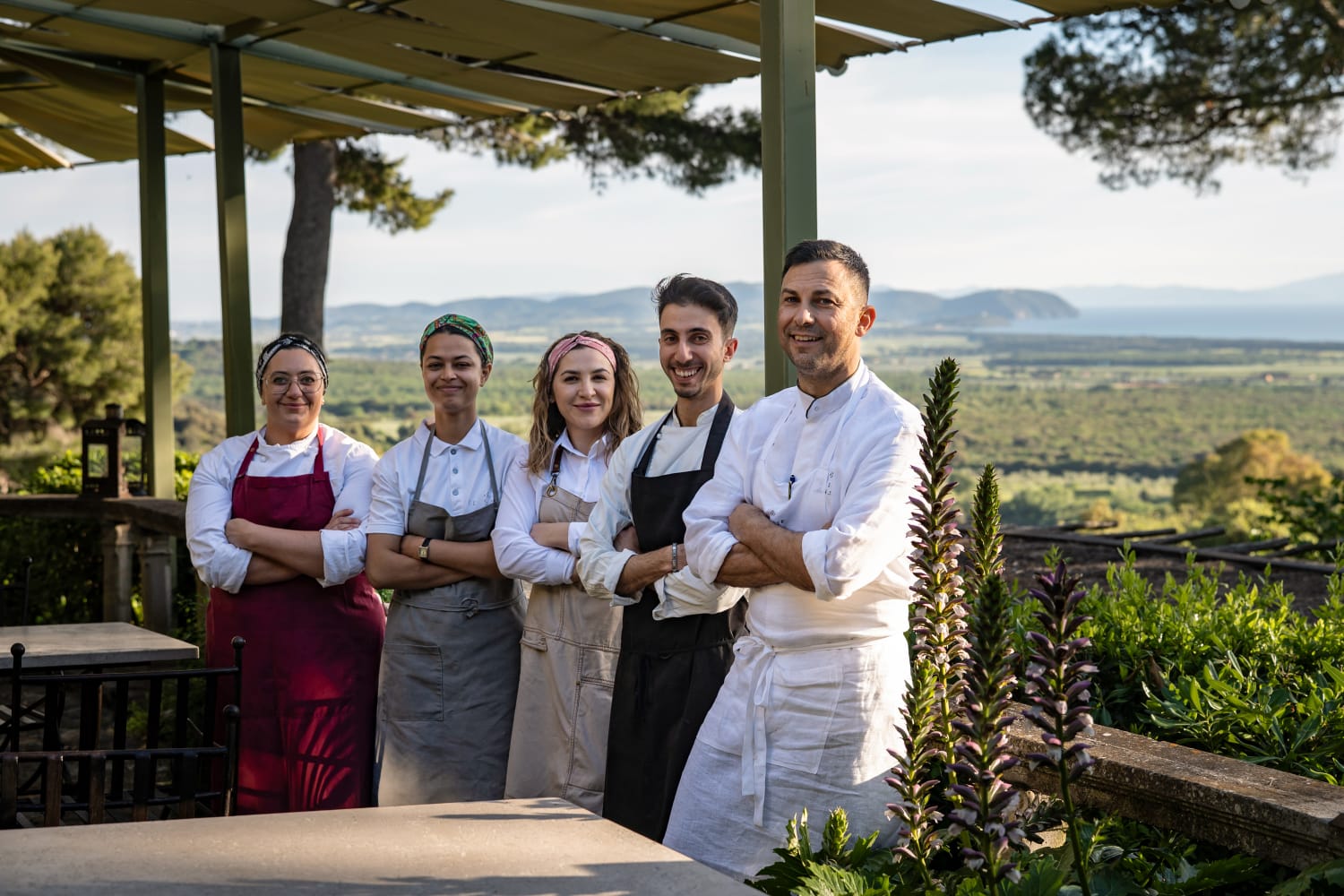 The panoramic terrace of the Il Sale restaurant overlooking sea and hills