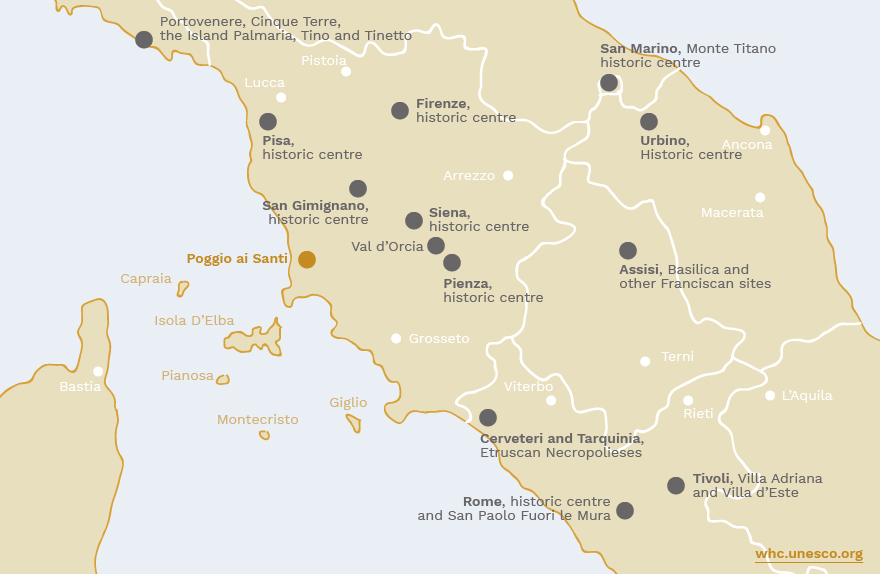 Mappa dei siti UNESCO in Toscana